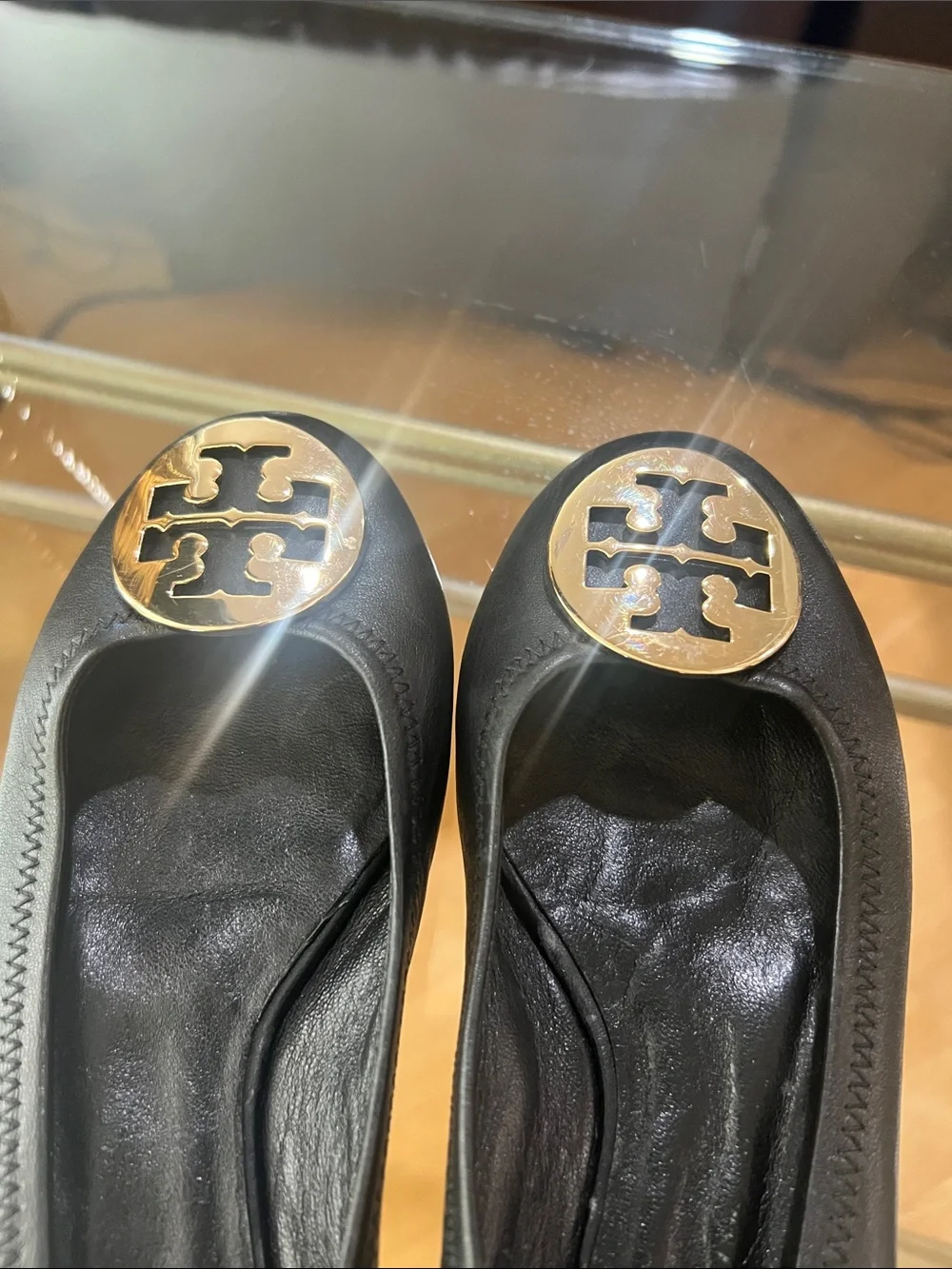 Tory Burch Black Leather Logo Ballet Flats with Gold Emblem